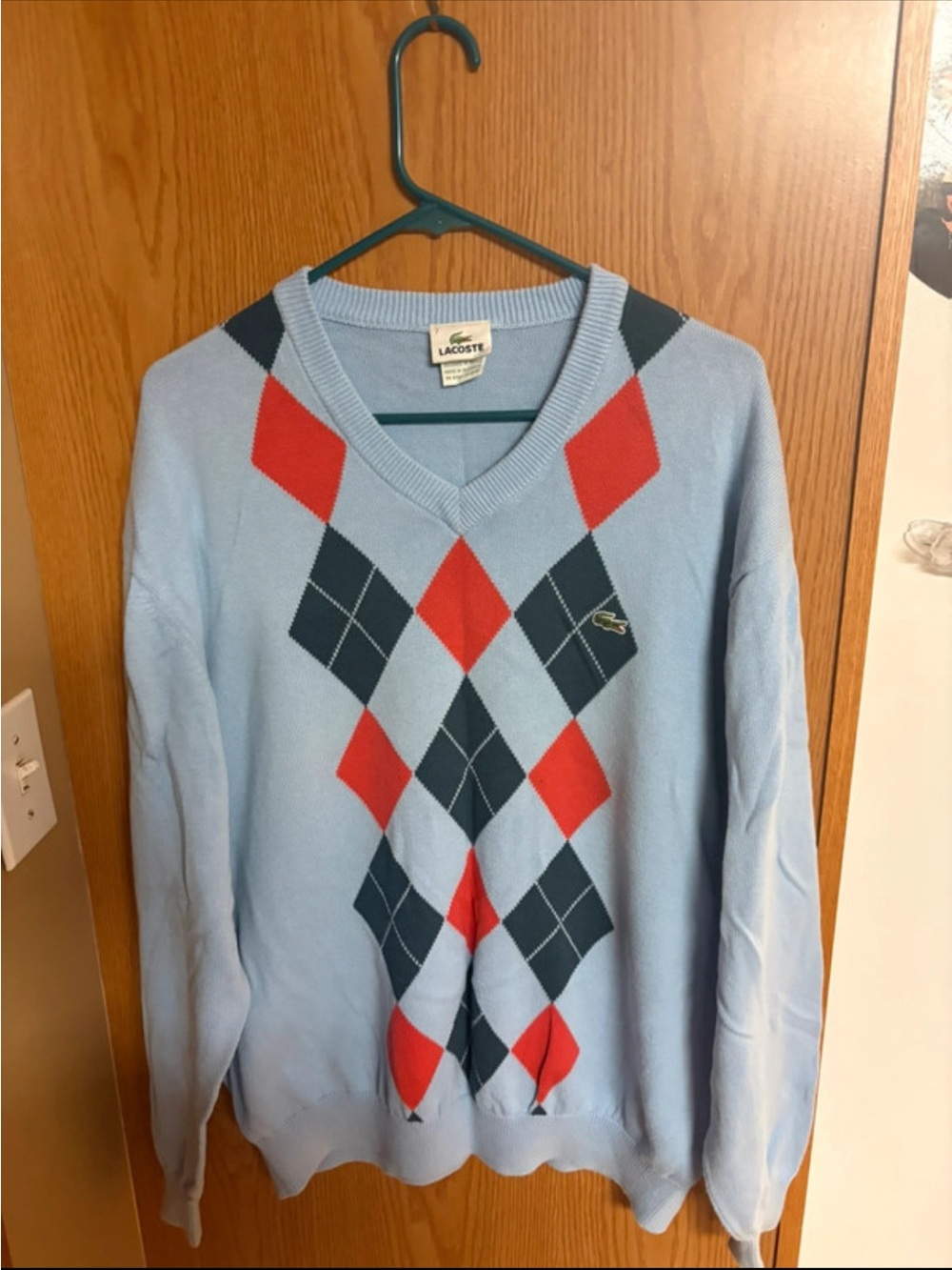 Lacoste Men’s Sky Blue Argyle V-Neck Sweater with Red & Navy Diamonds